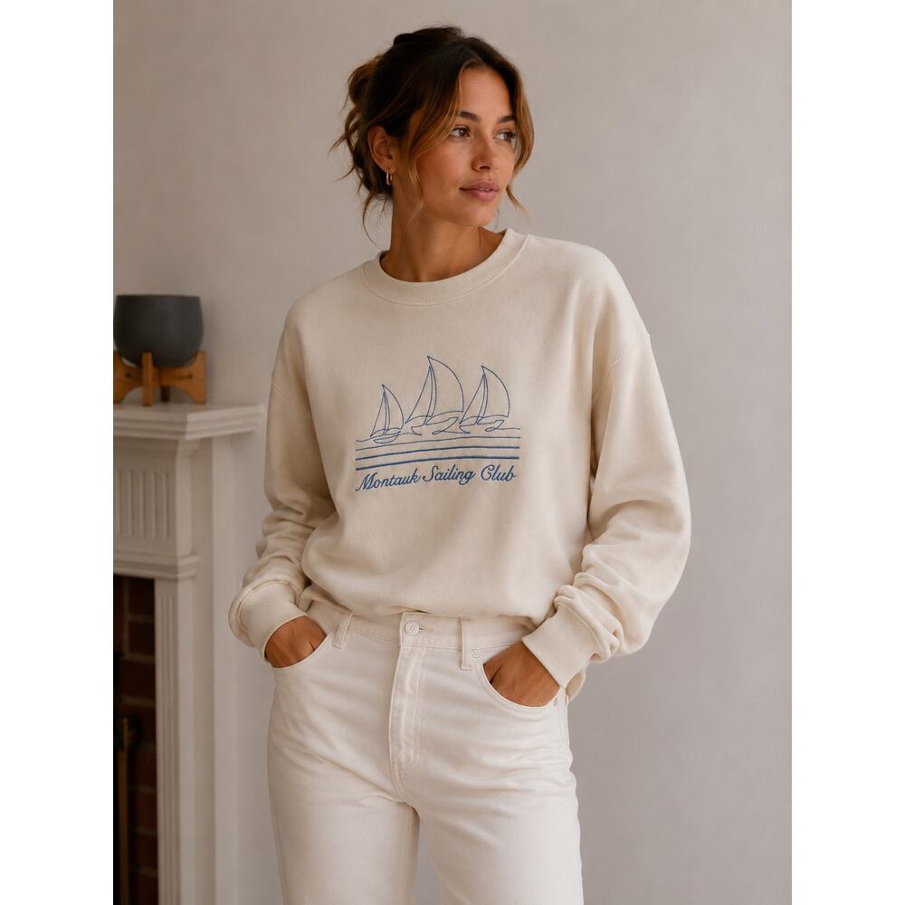 Wild Fable Montauk Sailing Club Graphic Crewneck Sweatshirt Beige Size S NWT - Picture 1 of 11